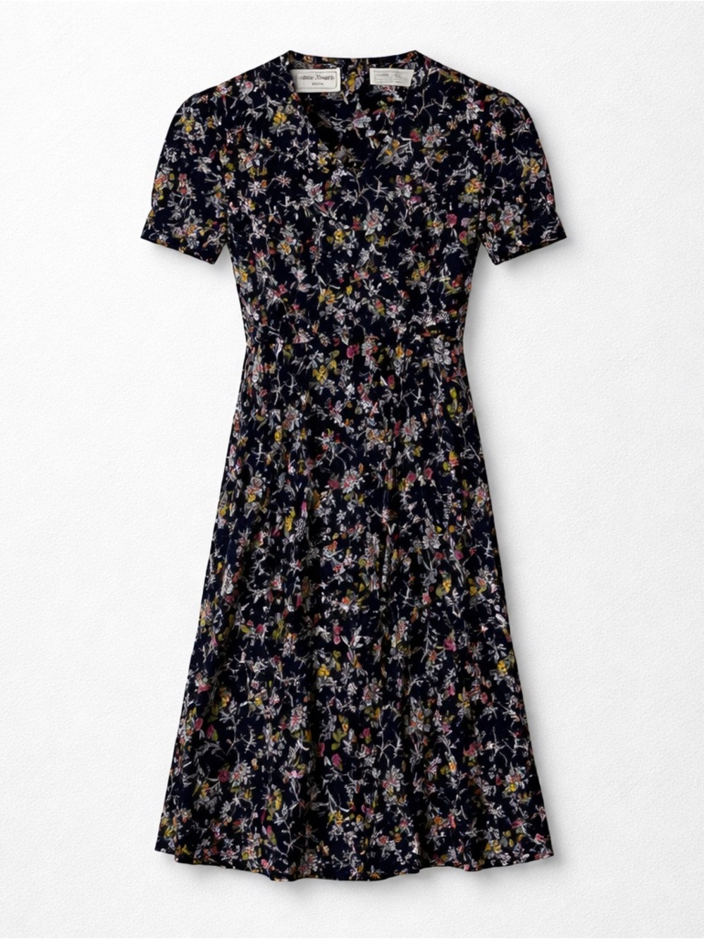 Vintage Karin Stevens Floral Short Sleeve Midi Dress Button Middle Puff Sleeve